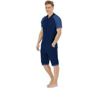 QIYUANT Combinaison Pyjama Court Hommes Grenouillères a Capuche Manches Courtes Short Été Confortable Zippé Adulte Une Piece Homewear Onesie Survêtement (Bleu Foncé, Bleu Clair, XXL)