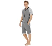 QIYUANT Combinaison Pyjama Court Hommes Grenouillères a Capuche Manches Courtes Short Été Confortable Zippé Adulte Une Piece Homewear Onesie Survêtement (Gris Foncé, Gris Clair, M)