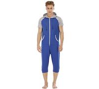 QIYUANT Combinaison Pyjama Court Hommes Grenouillères a Capuche Manches Courtes Short Été Confortable Zippé Adulte Une Piece Homewear Survêtement Onesie (Bleu, Gris, XXL)