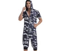 QIYUANT Combinaison Pyjama Court Hommes Grenouillères a Capuche Manches Courtes Short Été Confortable Zippé Adulte Une Piece Homewear Onesie Survêtement (Camouflage Noir, Tigre, M)