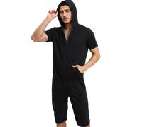 QIYUANT Combinaison Pyjama Court Hommes Grenouillères a Capuche Manches Courtes Short Été Confortable Zippé Adulte Une Piece Homewear Onesie Survêtement (Noir, XXL)