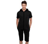 QIYUANT Combinaison Pyjama Court Hommes Grenouillères a Capuche Manches Courtes Short Été Confortable Zippé Adulte Une Piece Homewear Survêtement Onesie (Noir, XXL)