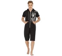 QIYUANT Combinaison Pyjama Court Hommes Grenouillères a Capuche Manches Courtes Short Été Confortable Zippé Adulte Une Piece Homewear Survêtement Onesie (Noir, Totem, XXL)