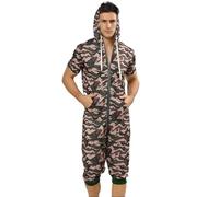 QIYUANT Combinaison Pyjama Court Hommes Grenouillères a Capuche Manches Courtes Short Été Confortable Zippé Adulte Une Piece Homewear Onesie Survêtement (Camouflage, S)