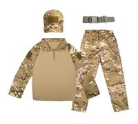 QIYUANT Enfant Ensembles T-Shirt & Pantalon Tactique Camo Airsoft Militaire Camouflage Printemps Été Automne Manche Longue Combat Chasse (CP/T-Shirt + Pantalon + Casquette + Ceinture, 120)