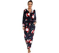 QIYUANT Noël Pyjama Combinaison Femme en Flanelle Doux Grenouillères a Capuche Manche Longue Hiver Confortable Chaud Homewear Onesie Zippé Adulte Une Piece Bleu Foncé M