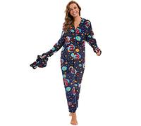 QIYUANT Pyjama Combinaison Femme avec Pieds, Chaud Flanelle Doux Grenouillères a Capuche Onesie Printemps Automne Hiver Halloween Noël Vêtements de Nuit Adulte Une Piece (Ciel étoilé, XL)