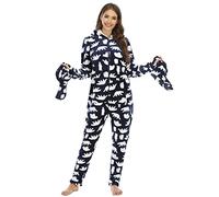 QIYUANT Pyjama Combinaison Femme avec Pieds, Chaud Flanelle Doux Grenouillères a Capuche Onesie Printemps Automne Hiver Halloween Noël Vêtements de Nuit Adulte Une Piece (Ours Bleu Marine, L)