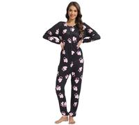 QIYUANT Pyjama Combinaison Femme Bouton Doux Grenouillères Onesie Printemps Automne Hiver Noël Vêtements d'Intérieur de Nuit Adulte Une Piece (Coeur Noir, S)