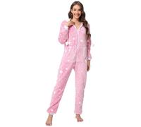 QIYUANT Pyjama Combinaison Femme en Flanelle Doux Grenouillères a Capuche Hiver Confortable Chaud Noël Halloween Homewear Onesie Zippé Adulte Une Piece (Étoile Rose, M)