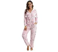 QIYUANT Pyjama Combinaison Femme en Flanelle Doux Grenouillères a Capuche Manche Longue Hiver Confortable Chaud Homewear Onesie Zippé Adulte Une Piece Rose M