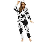 QIYUANT Pyjama Combinaison Femme en Velours Corail Vaches Doux Grenouillères a Capuche Manche Longue Hiver Confortable Chaud Homewear Onesie Zippé Adulte Une Piece Vache Noire et Blanche S