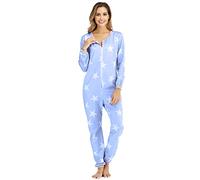 QIYUANT Pyjama Combinaison Femme Imprimé Pentagramme Doux Grenouillères Onesie Printemps Automne Hiver Noël Vêtements d'Intérieur de Nuit Adulte Une Piece (Bleu, XL)