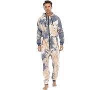 QIYUANT Pyjama Grenouillere Homme Combinaison Pyjama a Capuche Casual Polaire Doublure Mélange de Coton Zippé Adulte Une Pièce Hiver Automne Chaud Confortable Homewear (Teinture par Cravate, L)