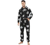 QIYUANT Pyjama Grenouillere Homme Combinaison Pyjama a Capuche Casual Polaire Doublure Mélange de Coton Zippé Adulte Une Pièce Hiver Automne Chaud Confortable Homewear (Noir, Crâne et Blanc, L)