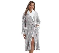 QIYUANT Robe de Chambre Femme Peignoir Hiver Flanelle Doux et Douillets Manche Longue Sortie de Bain Vêtements de Nuit (Gris Rose Blanc Etoile, M)