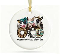 QIYUHOY Décoration de Noël occidentale en céramique à suspendre pour sapin de Noël, trouble obsessionnel de la vache obsessionnelle TOC, imprimé vaches amusantes, ornements souvenirs ronds en