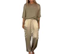 Qizaitz Ensemble haut et pantalon en satin lisse, décontracté et confortable, manches courtes et pantalon long, tenue deux pièces en satin, doré, XXL