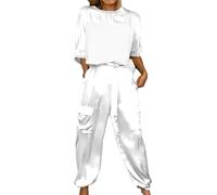 Qizaitz Ensemble haut et pantalon en satin lisse, décontracté et confortable, manches courtes et pantalon long, tenue deux pièces en satin, blanc, XL