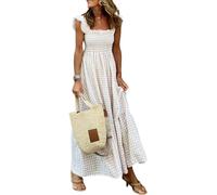 Qizaitz Robe longue d'été à smocks à carreaux multicolores pour femme, beige, M