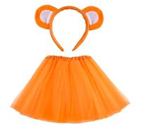 QIZHIQIAMY Serre Tête Ours 2 Pièces Oreill d'Ours Serre Tete et Jupe Tutu Fluo Cute Ours Déguisement pour Femmes et Filles Deguisement Animaux Halloween Carnaval (Orange)