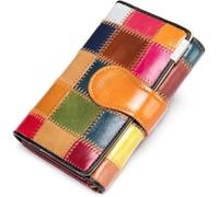 QIZLDBGF Colorful Patchwork Small Wallet for Women Trifold Genuine Leather Card Holder Organizer Handmade Multicolor Change Coin Purse(Oil - Square)