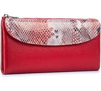 QIZLDBGF Women's Genuine Leather Big Three Fold Wallet - Designer Serpentine Wallet, RFID Shielded Credit Card Clip, Can Hold 10 Or More Cards and Smartphones (6.1 inches) - Red