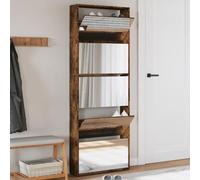 QJBSAVVA Armoire à chaussures avec miroir, 5 compartiments inclinables, chêne fumé, 63 x 17 x 169,5 cm, design moderne, étagère à chaussures élégante pour couloir, salon, chambre à coucher