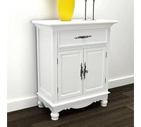 QJBSAVVA Armoire d'appoint en bois avec 2 portes et 1 tiroir, blanc, aspect vieilli, MDF robuste et bois de pin, peu encombrante pour salon, cuisine, chambre à coucher