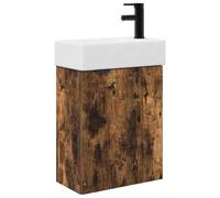 QJBSAVVA Armoire de salle de bain avec lavabo et robinet, meuble sous lavabo de 45,5 cm, montage mural, WC d'invités, ensemble de meubles de salle de bain avec lavabo en céramique et mitigeur, chêne