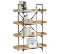 QJBSAVVA Bibliothèque en bois et métal, chêne Sonoma, 100 x 33 x 145,5 cm, étroite avec 4 étagères, pieds réglables et traverses en forme de X, pour salon, bureau et balcon