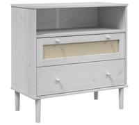 QJBSAVVA Buffet Bas avec Aspect Rotin Blanc 80x40x80 cm Meuble de Rangement en Bois de Pin Massif Commode Design Bohème pour Salon Salle à Manger Bahut avec Tiroirs et Poignées