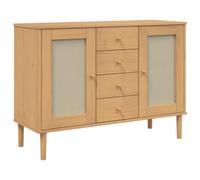 QJBSAVVA Buffet Bas de Rangement en Bois Massif de Pin, Commode Aspect Rotin avec 4 Tiroirs et 4 Compartiments, Enfilade Style Bohème pour Salon et Salle à Manger, Marron, 112x40x80 cm