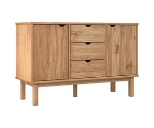 QJBSAVVA Buffet Bas de Rangement OTTA en Bois de Pin Massif, Commode Salon avec 3 Tiroirs et 2 Portes, Meuble Console Design Scandinave pour Entrée et Salle à Manger, 113,5 x 43 x 73 cm