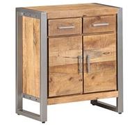 QJBSAVVA Buffet Bas en Bois de Manguier Brut et Métal, Petit Bahut de Rangement Industriel avec 2 Tiroirs et 2 Portes, Commode Rustique pour Salon et Entrée, 60x35x72 cm