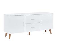 QJBSAVVA Buffet blanc 160 × 40 × 70 cm moderne en MDF avec pieds en bois, 2 tiroirs et 2 compartiments, espace de rangement pour salon, couloir ou chambre à coucher