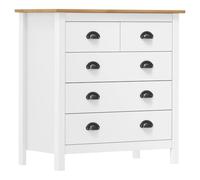 QJBSAVVA Buffet blanc marron miel 79 x 40 x 80 cm en pin massif, meuble bas moderne avec 5 tiroirs et poignées, rangement compact pour salon, couloir et chambre à coucher