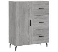 QJBSAVVA Buffet gris Sonoma - 69,5 x 34 x 90 cm - Commode avec 3 tiroirs et porte - Buffet en bois avec pieds en métal - Armoire de rangement pour salon, couloir et chambre à coucher