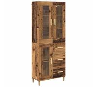 QJBSAVVA Buffet Haut Armoire de Rangement Cuisine et Salon avec Vitrine Portes Transparentes et 3 Tiroirs Vaisselier en Bois d'Ingénierie Couleur Bois Ancien 69,5 x 34 x 180 cm