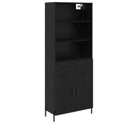 QJBSAVVA Buffet Haut Armoire de Rangement en Bois d'Ingénierie, Vaisselier Moderne avec 2 Portes et Tiroir, Pieds en Métal pour Salon et Salle à Manger, Chêne Noir, 69,5 x 34 x 180 cm