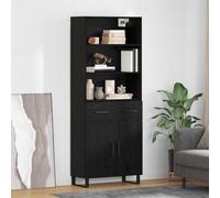 QJBSAVVA Buffet haut - Aspect chêne noir - 69,5 x 32,5 x 180 cm - Avec façade en verre - Grand espace de rangement - Design moderne - Bois d'ingénierie robuste - Pour salon, cuisine, couloir