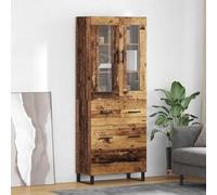 QJBSAVVA Buffet haut en bois recyclé - 69,5 x 34 x 180 cm - Bois d'ingénierie - Avec 2 portes et tiroir - Buffet moderne avec verre - Pour salon, salle à manger, bureau et couloir