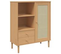 QJBSAVVA Buffet Haut SENJA Aspect Rotin Marron 90x40x112 cm, Meuble de Rangement en Bois de Pin Massif avec 2 Tiroirs et 5 Compartiments pour Salon, Salle à Manger et Entrée