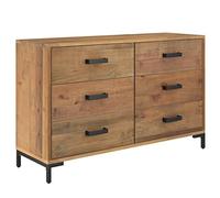 QJBSAVVA Buffet Marron 110x35x70 cm Bois de Pin Massif - Commode Style Industriel Vintage avec 6 Tiroirs et Pieds en Métal - Meuble de Rangement Robuste pour Salon et Entrée