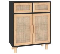 QJBSAVVA Buffet Noir 60x30x75 cm Commode de Rangement en Bois d'Ingénierie Pin Massif et Rotin Naturel Petit Meuble d'Appoint avec 2 Tiroirs et 2 Compartiments pour Salon Entrée