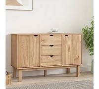 QJBSAVVA Buffet OTTA en pin massif au design scandinave, 113,5 x 43 x 73 cm, avec 3 tiroirs et 2 compartiments, cadre en bois solide et aspect rustique pour salon, couloir et salle à manger