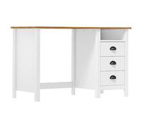 QJBSAVVA Bureau avec 3 Tiroirs et 1 Étagère Hill - Table de Travail en Bois de Pin Massif pour Bureau et Chambre d'Étude - Console Informatique Blanc et Naturel 120x50x74 cm