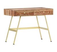 QJBSAVVA Bureau en Bois Massif avec 2 Tiroirs 100x55x75 cm, Table d'Ordinateur Style Industriel et Console de Travail pour Salon, Bureau et Chambre, Pieds en Acier Coloris Laiton