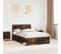 QJBSAVVA Cadre de lit 120 x 200 cm en pin chêne fumé - Design moderne avec sommier à lattes - Cadre de lit stable pour deux personnes, chambre à coucher, chambre d'amis, loft