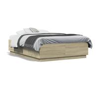 QJBSAVVA Cadre de lit 135 x 190 cm, chêne Sonoma, lit double moderne en bois avec sommier à lattes, lit futon stable pour chambre à coucher et chambre d'amis, cadre de lit en bois, sans matelas